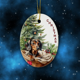 Black Tan Dachshund Dog Wicker Basket Christmas Ceramic Tree Decoration