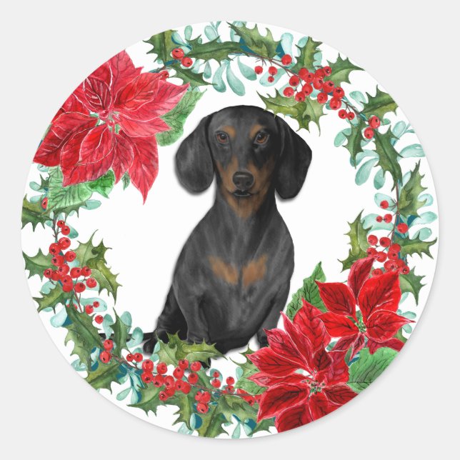 Black Tan Dachshund Poinsettia Holiday Wreath Classic Round Sticker (Front)