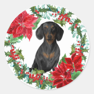 Black Tan Dachshund Poinsettia Holiday Wreath Classic Round Sticker