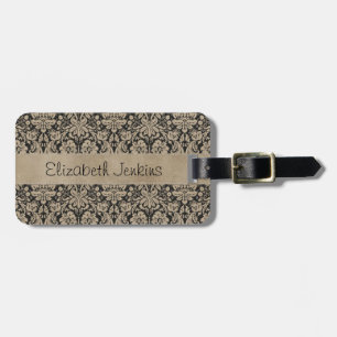 Black Tan Damask Stitched Vellum Luggage Tag