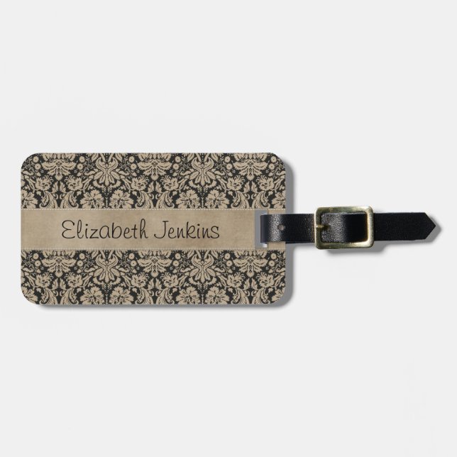 Black Tan Damask Stitched Vellum Luggage Tag (Front Horizontal)