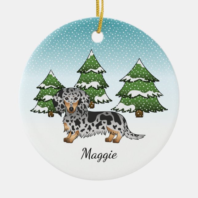 Black & Tan Dapple Long Hair Dachshund In Winter Ceramic Tree Decoration (Front)