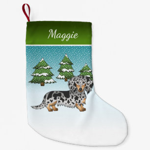 Black & Tan Dapple Long Hair Dachshund In Winter Small Christmas Stocking
