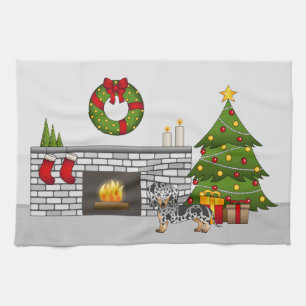 Black & Tan Dapple Smooth Coat Dachshund Christmas Tea Towel
