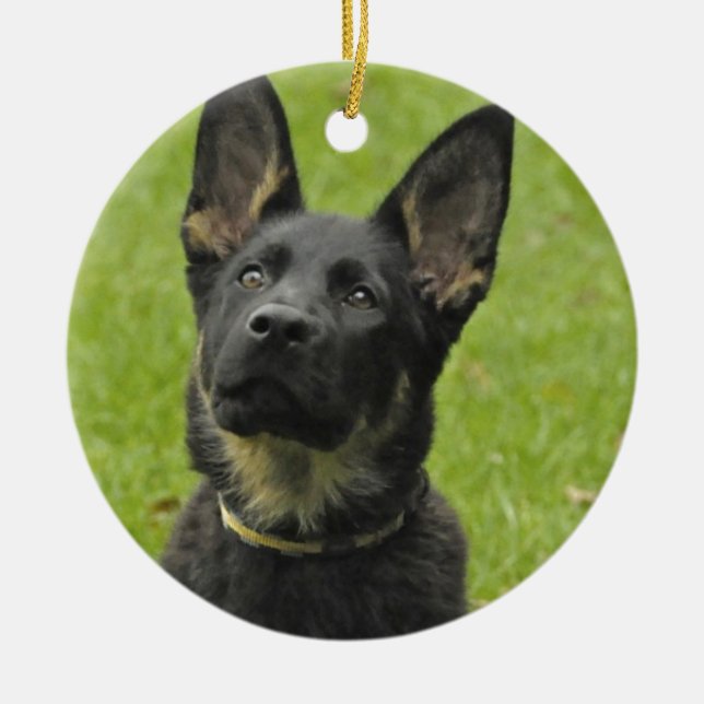 Black & Tan GSD Pup Ceramic Tree Decoration (Front)