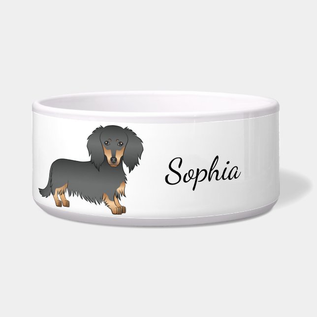 Black & Tan Long Hair Dachshund Cartoon Dog & Name (Front)