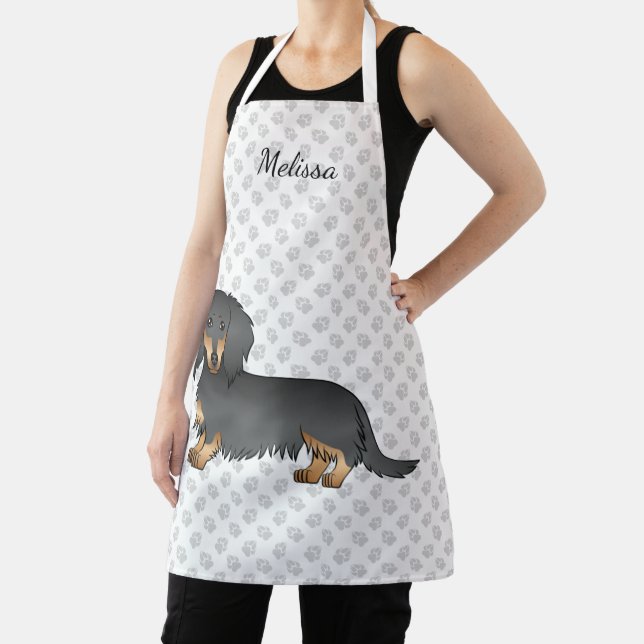 Black & Tan Long Hair Dachshund Cartoon Dog & Name Apron (Insitu)