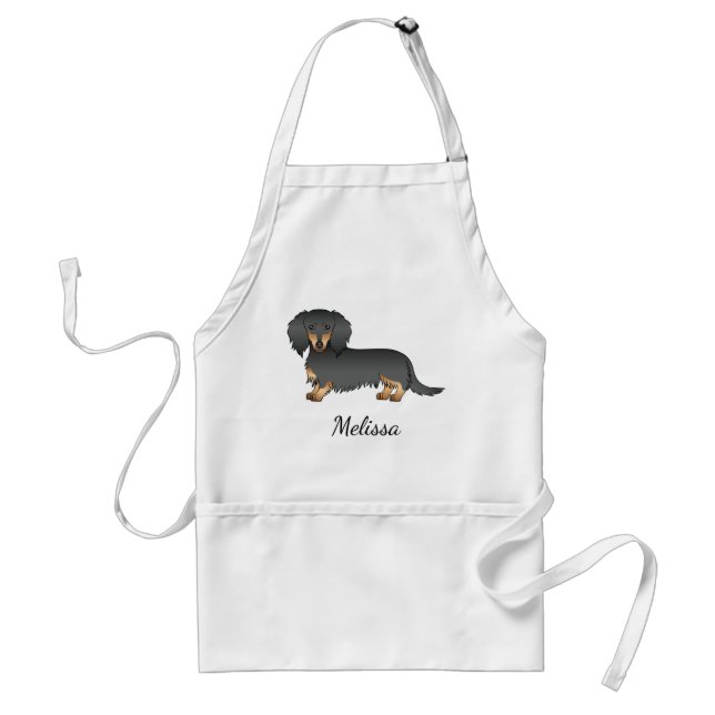 Black & Tan Long Hair Dachshund Cartoon Dog & Name Standard Apron (Front)