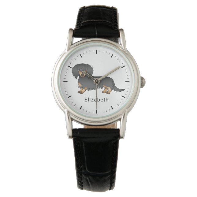 Black & Tan Long Hair Dachshund Cartoon Dog & Name Watch (Front)