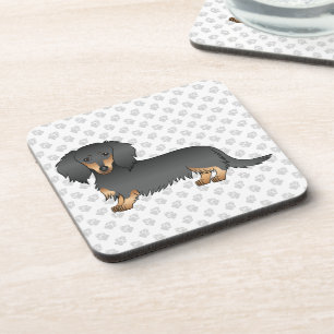 Black & Tan Long Hair Dachshund Cartoon Dog & Paws Coaster