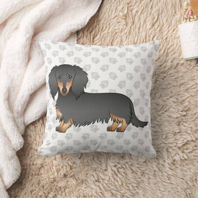 Black & Tan Long Hair Dachshund Cartoon Dog & Paws Cushion (Blanket)