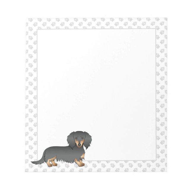 Black & Tan Long Hair Dachshund Cartoon Dog & Paws Notepad (Front)