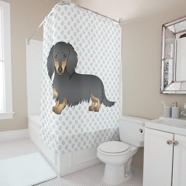 Black & Tan Long Hair Dachshund Cartoon Dog & Paws Shower Curtain (In Situ)