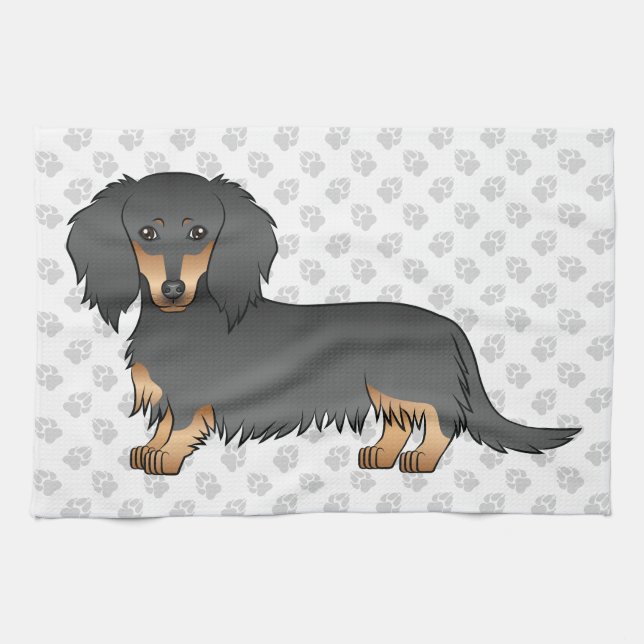 Black & Tan Long Hair Dachshund Cartoon Dog & Paws Tea Towel (Horizontal)