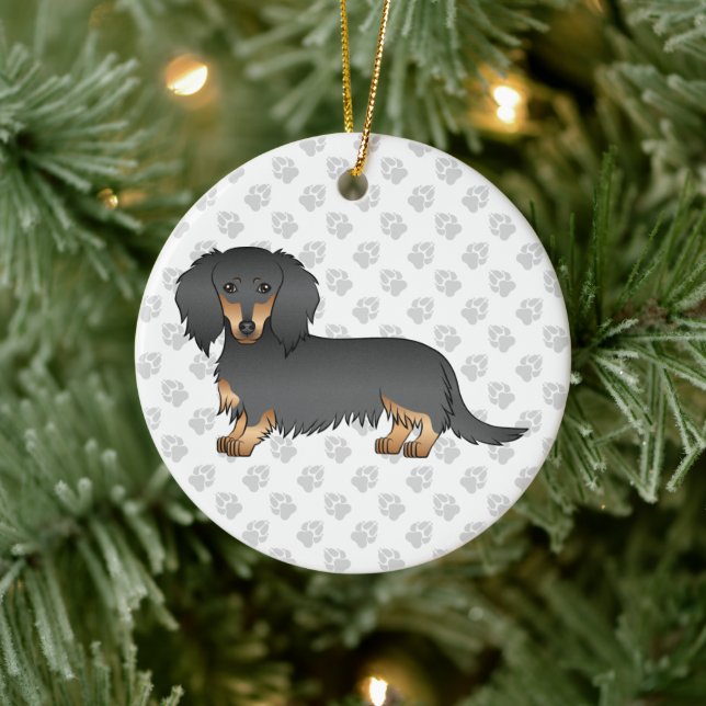 Black & Tan Long Hair Dachshund Cartoon Dog & Text Ceramic Tree Decoration (Tree)