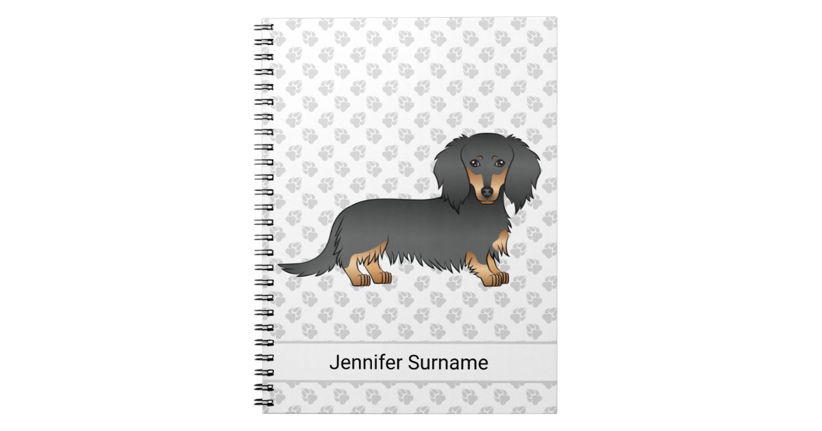 Black & Tan Long Hair Dachshund Cartoon Dog & Text Notebook | Zazzle