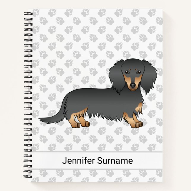Black & Tan Long Hair Dachshund Cartoon Dog & Text Notebook (Front)
