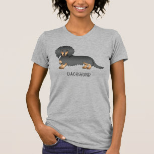 Black & Tan Long Hair Dachshund Cartoon Dog & Text T-Shirt