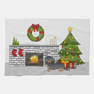 Black & Tan Long Hair Dachshund - Christmas Room Tea Towel