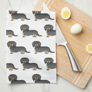 Black & Tan Long Hair Dachshund Cute Dog Pattern Tea Towel