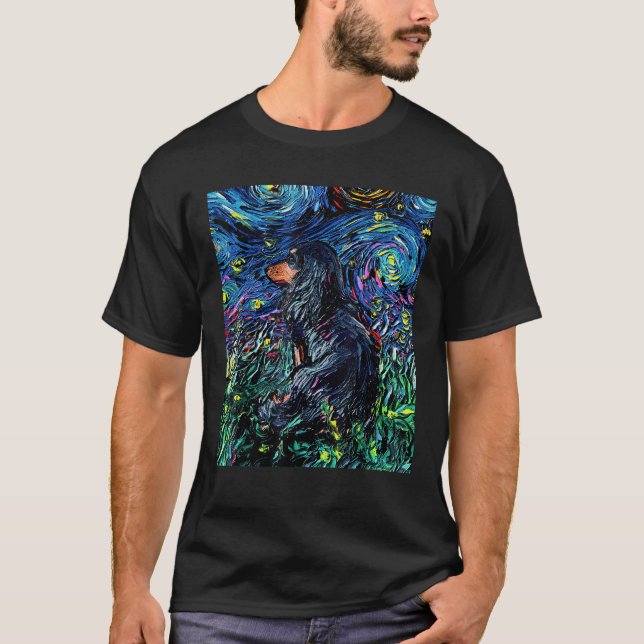 Black Tan Long Hair Dachshund Starry Night Dog Art T-Shirt (Front)
