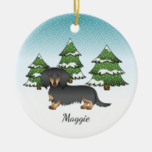 Black & Tan Long Hair Dachshund - Winter Forest Ceramic Tree Decoration