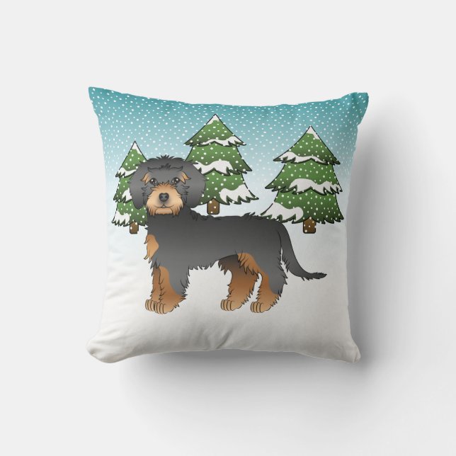 Black & Tan Mini Goldendoodle Dog - Winter Forest Cushion (Front)