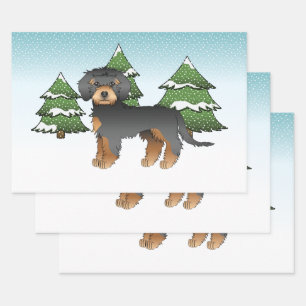 Black & Tan Mini Goldendoodle Dog - Winter Forest Wrapping Paper Sheet
