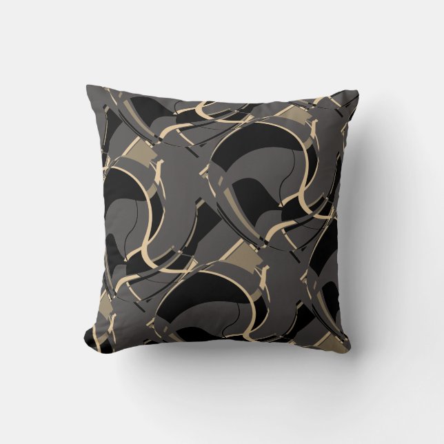 Black Tan on Grey Diagonal Swirling Art Design Cushion (Front)