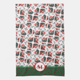 Black Tan Piebald Dachshund Monogram Christmas Dog Tea Towel