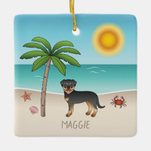 Black & Tan Rottweiler At A Tropical Summer Beach Ceramic Ornament