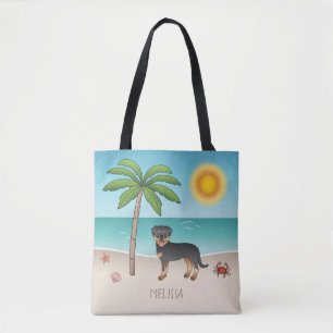 Black & Tan Rottweiler At A Tropical Summer Beach Tote Bag