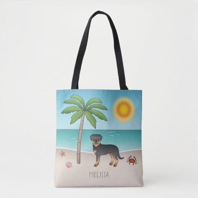 Black & Tan Rottweiler At A Tropical Summer Beach Tote Bag (Front)