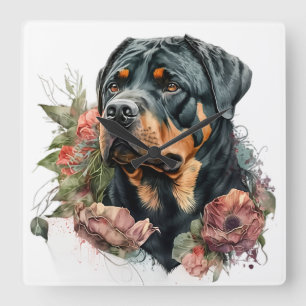 BLACK & TAN ROTTWEILER DOG WITH FLOWERS SQUARE WALL CLOCK