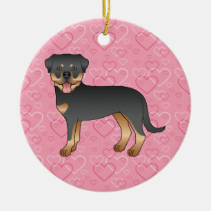 Black & Tan Rottweiler On Pink Hearts Pet Memorial Ceramic Tree Decoration