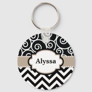 Black Tan Swirls Chevron Personalised Key Ring