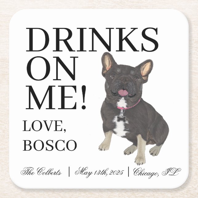 Black Tan Tricolor Frenchie French Bulldog Wedding Square Paper Coaster (Front)