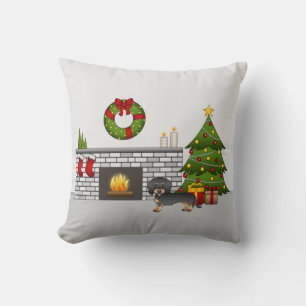 Black & Tan Wire Haired Dachshund - Christmas Room Cushion