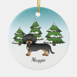 Black & Tan Wire Haired Dachshund In Winter Forest Ceramic Tree Decoration