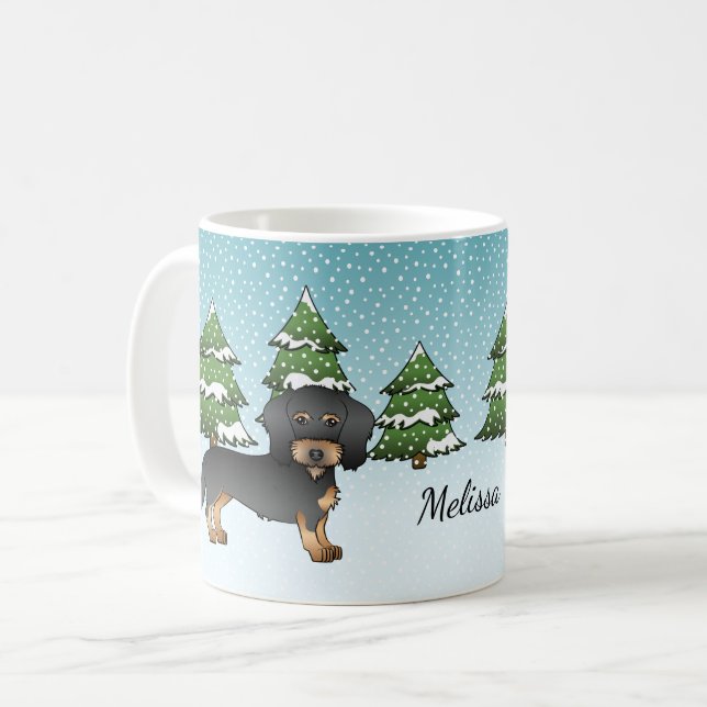 Black & Tan Wire Haired Dachshund In Winter Forest Coffee Mug (Front Left)