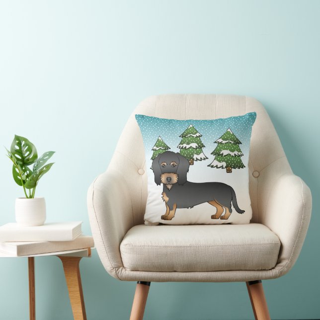 Black & Tan Wire Haired Dachshund In Winter Forest Cushion (Chair)