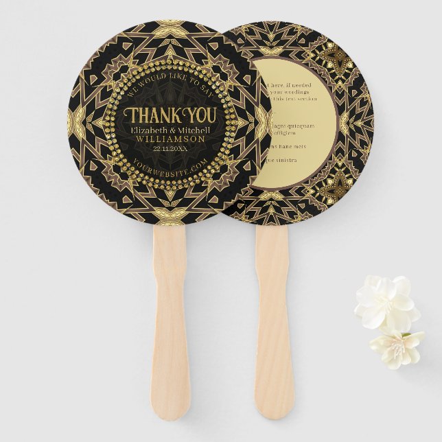 Black+ Taupe Gold Modern Art Deco Thank You Hand Fan (Front and Back)