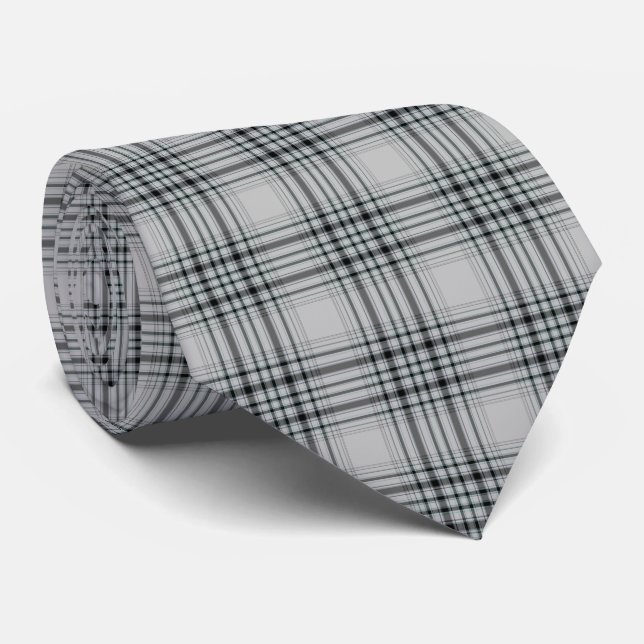 Black Taupe Grey Tartan Plaid Tie (Rolled)