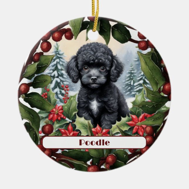 Black Teacup Poodle Puppy Custom Christmas  Ceramic Tree Decoration (Front)