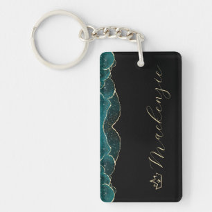 Black, Teal and Gold Elegant Script Personalised Key Ring