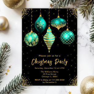 Black, Teal and Gold Ornaments Christmas Party Invitation