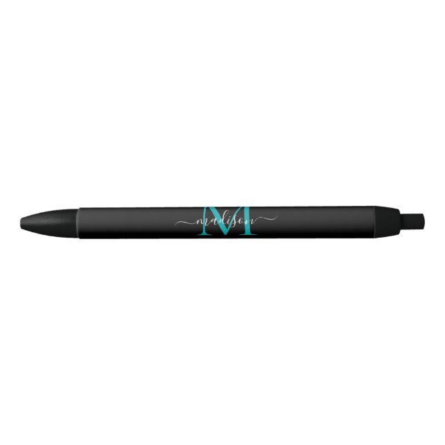 Black Teal Aqua Green Monogram Elegant Script Name Ink Pen (Front)