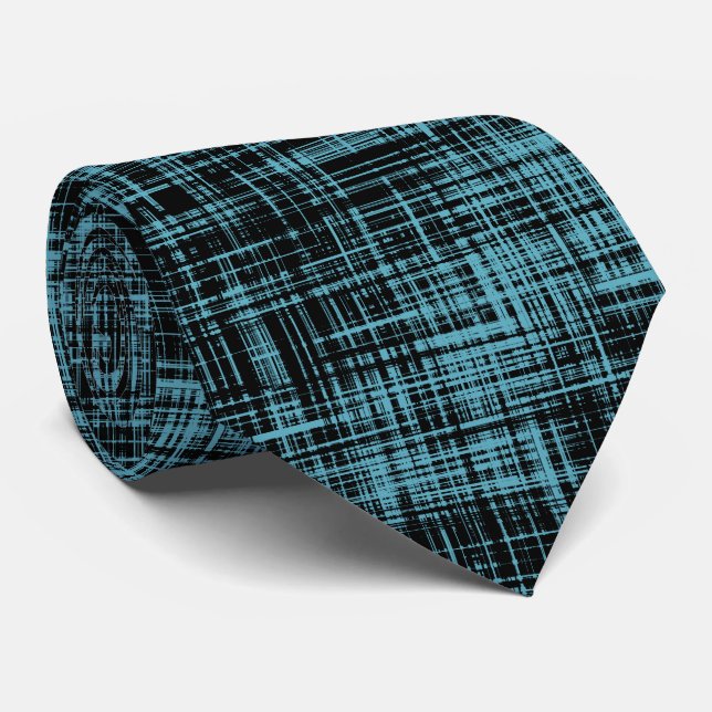 Black Teal Blue Abstract Stripe Pattern Tie (Rolled)