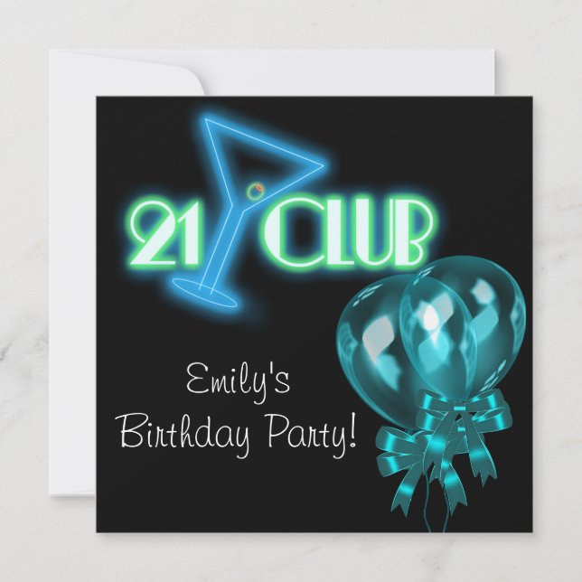 Black Teal Blue Balloons Girls Black 21st Birthday Invitation (Front)