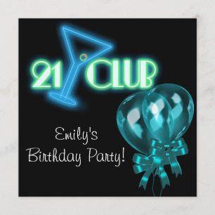 Black Teal Blue Balloons Girls Black 21st Birthday Invitation